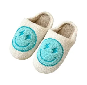 Malibu Sugar Fuzzy Slippers - Happy Face Slippers w/ Lightning Bolt Eyes Blue