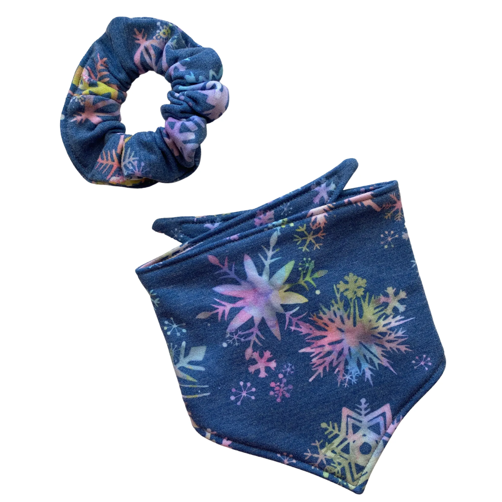 Multicolored Snowflakes on Soft Steel Blue Cozy Scrunchie