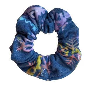 Multicolored Snowflakes on Soft Steel Blue Cozy Scrunchie
