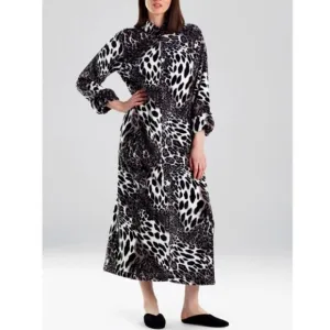 Natori Plush Leopard Zipper-Front Caftan Robe Lounger, Black/White Multi