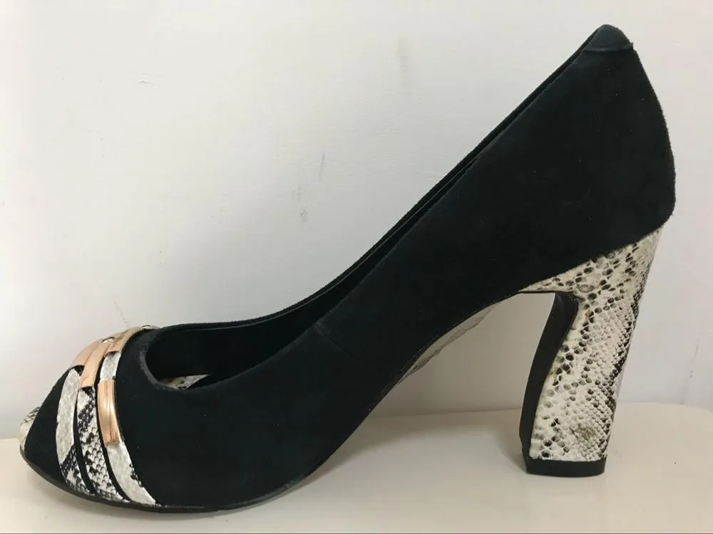 New black office lady sandals high heel women shoes suede lambskin square heel snake skin covered