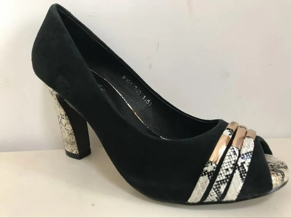 New black office lady sandals high heel women shoes suede lambskin square heel snake skin covered