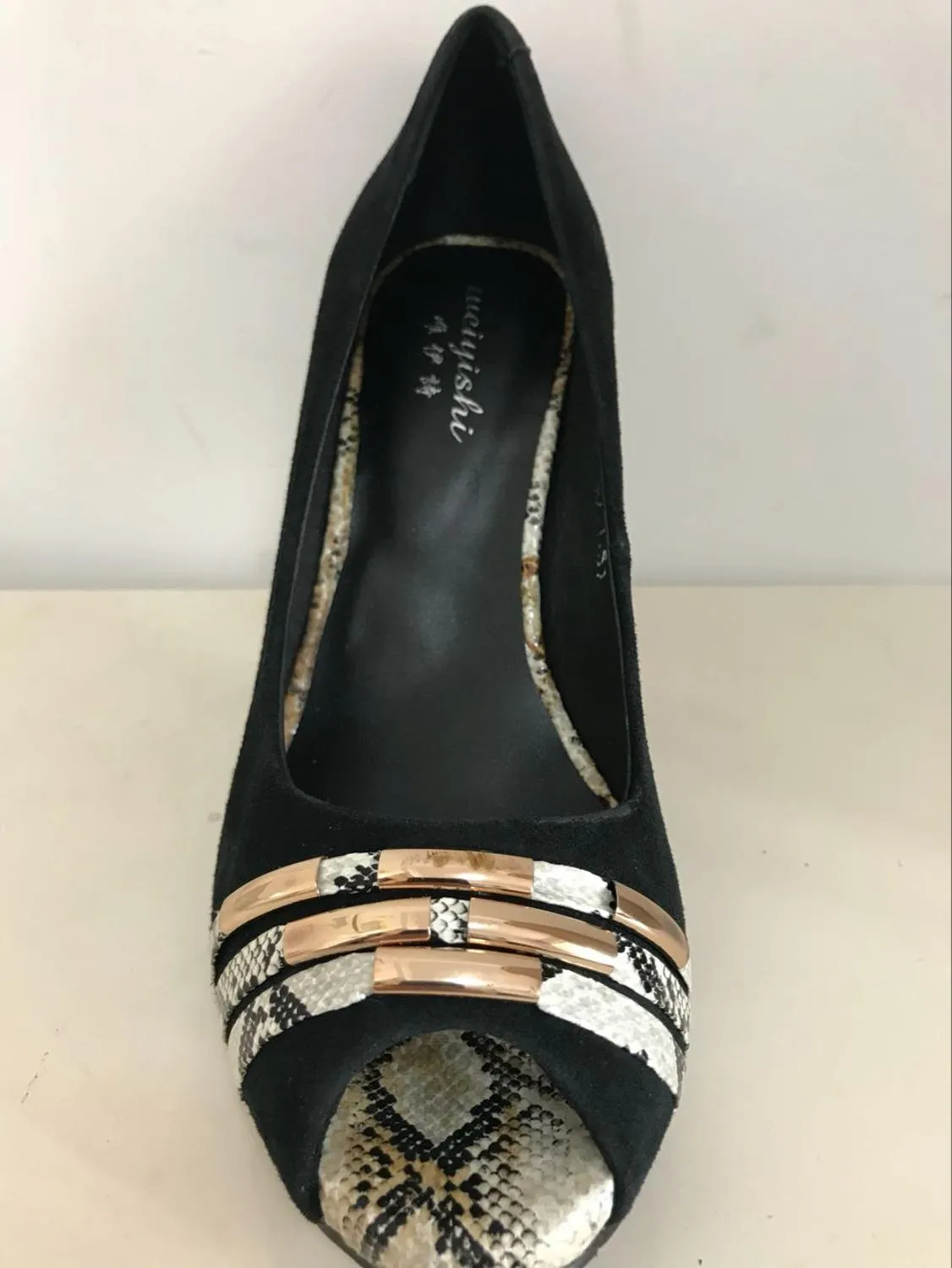 New black office lady sandals high heel women shoes suede lambskin square heel snake skin covered