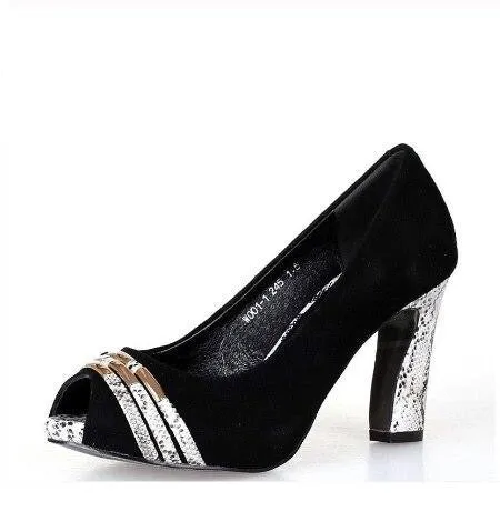 New black office lady sandals high heel women shoes suede lambskin square heel snake skin covered