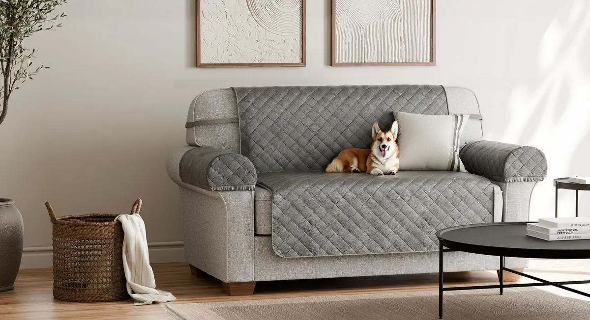 NEW Retails $40 SmartFit Plush 3-Piece Loveseat Furniture Cover, Grey, With Arm Covers