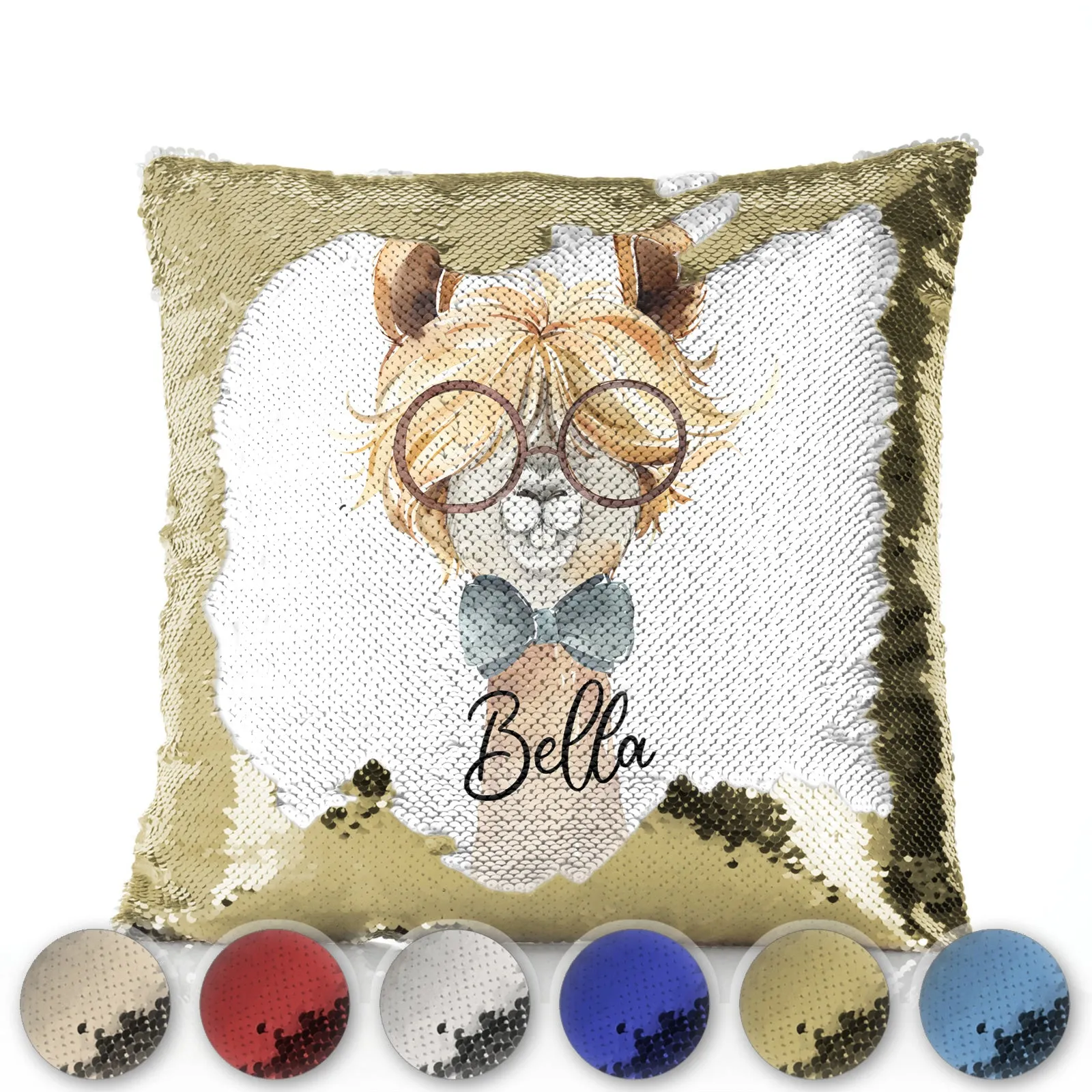 Personalised Sequin Cushion with Alpaca Bow Tie and Glasses and Cute Text