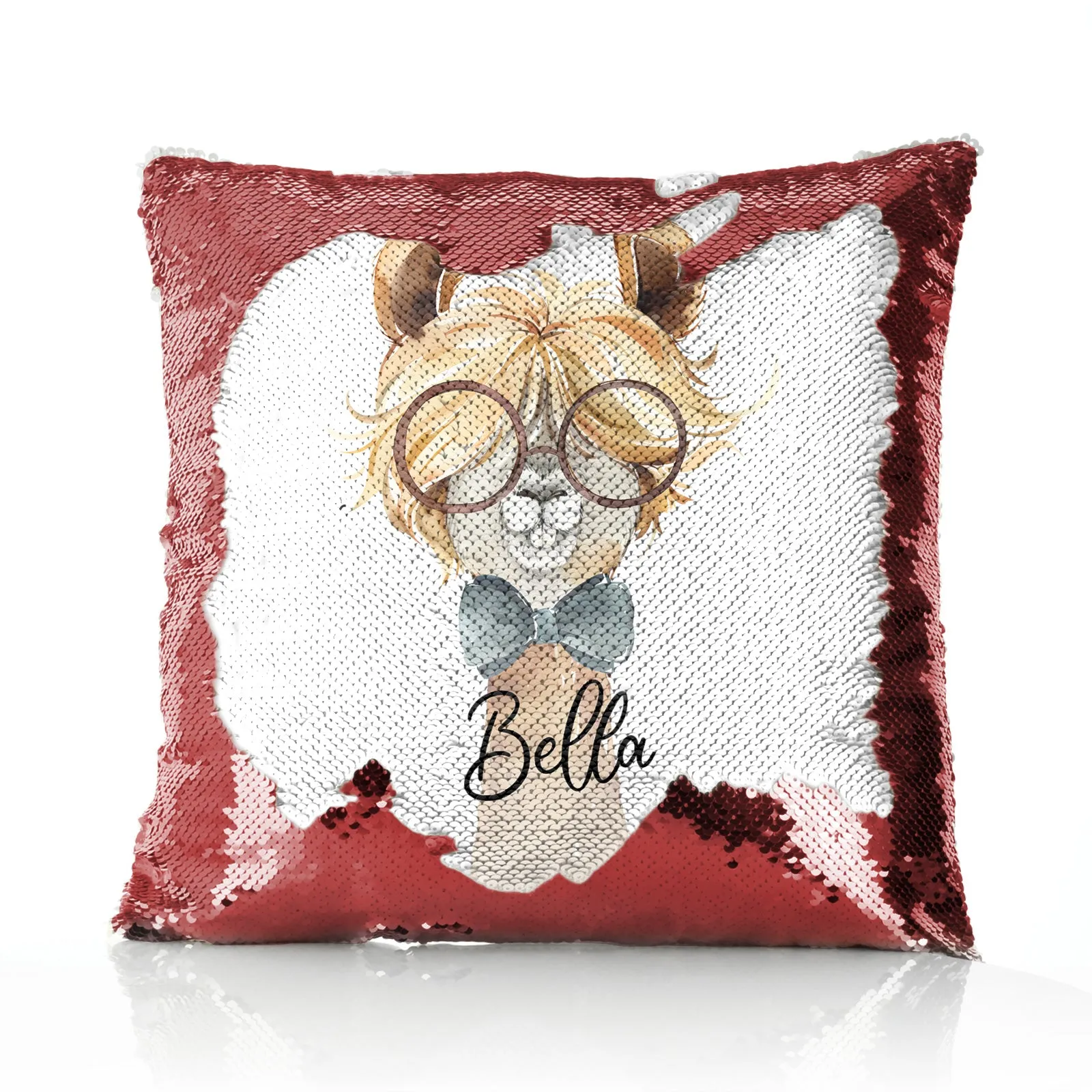 Personalised Sequin Cushion with Alpaca Bow Tie and Glasses and Cute Text