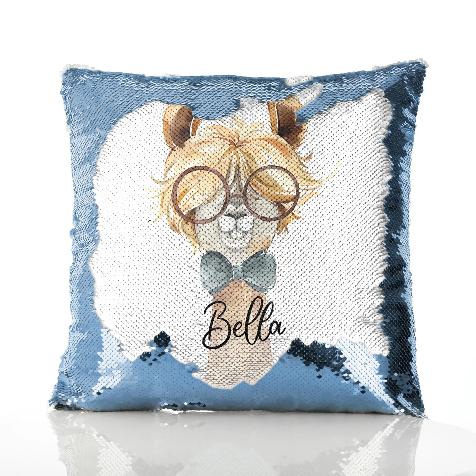 Personalised Sequin Cushion with Alpaca Bow Tie and Glasses and Cute Text