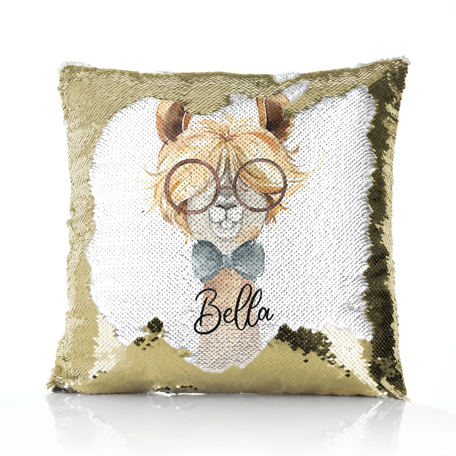 Personalised Sequin Cushion with Alpaca Bow Tie and Glasses and Cute Text