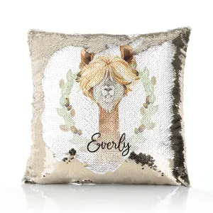 Personalised Sequin Cushion with Brown Alpaca Acorn Wreath and Cute Text