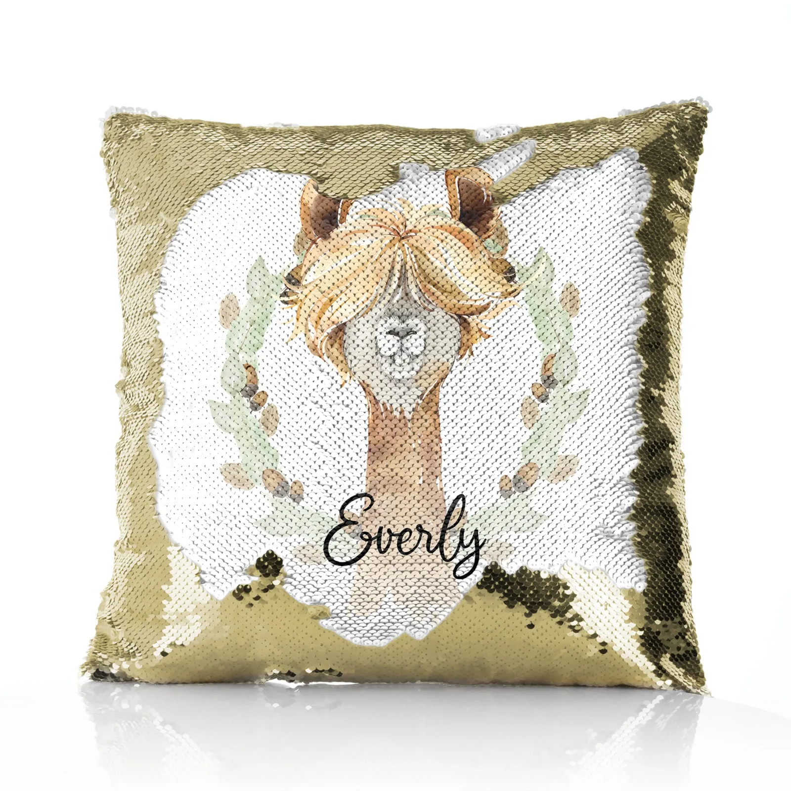 Personalised Sequin Cushion with Brown Alpaca Acorn Wreath and Cute Text