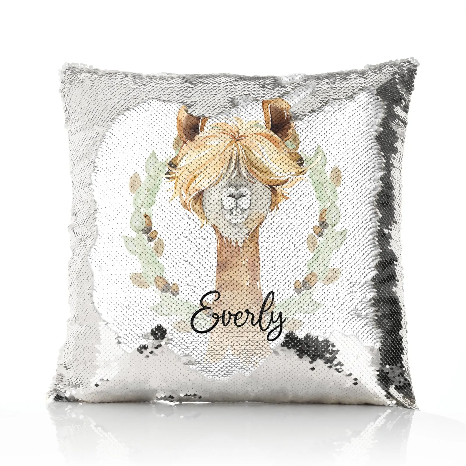 Personalised Sequin Cushion with Brown Alpaca Acorn Wreath and Cute Text