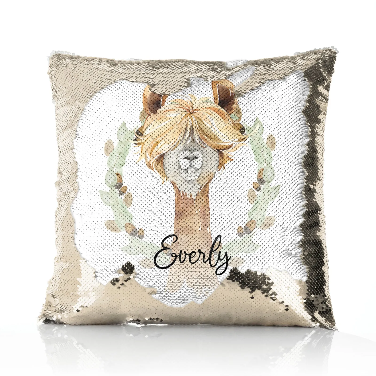Personalised Sequin Cushion with Brown Alpaca Acorn Wreath and Cute Text