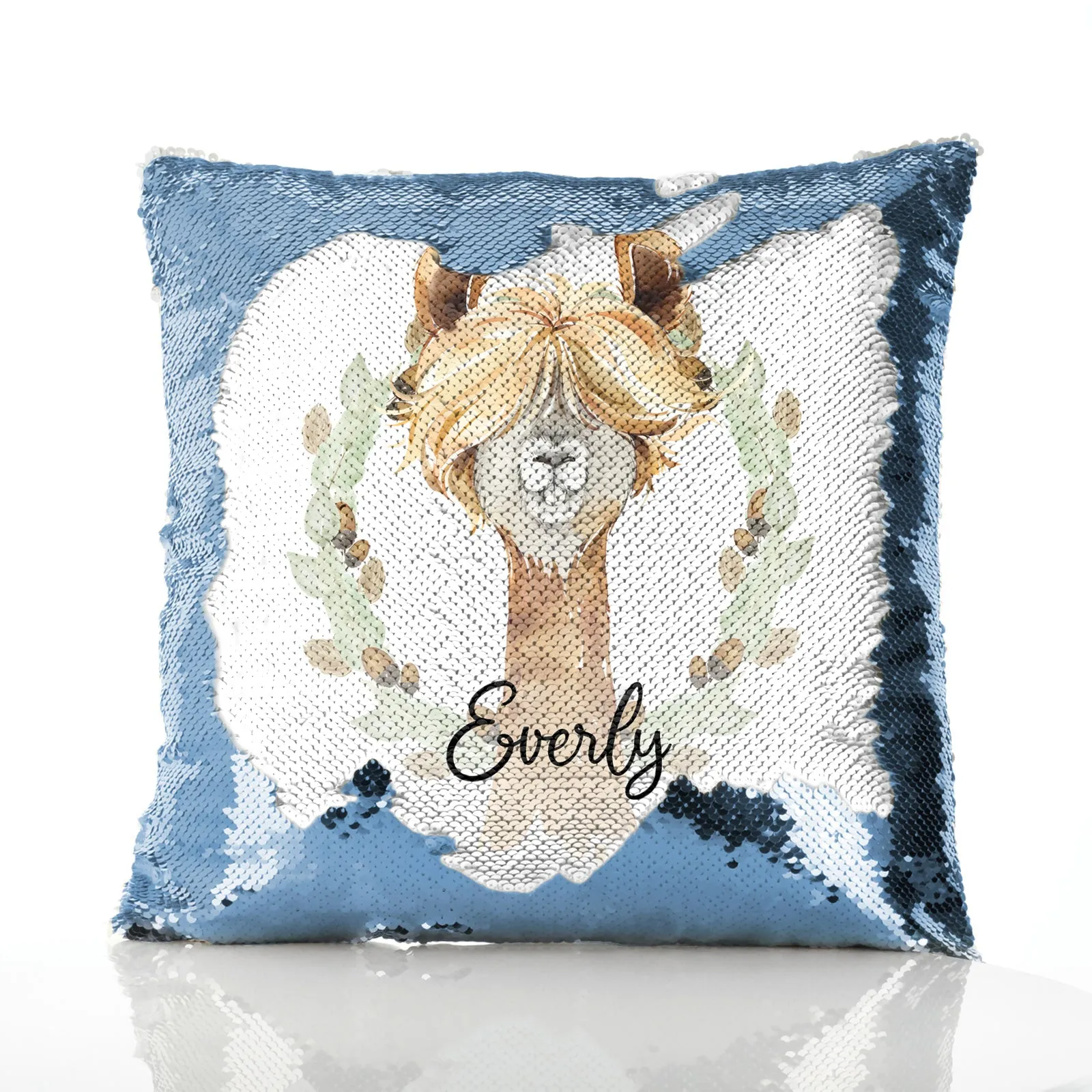 Personalised Sequin Cushion with Brown Alpaca Acorn Wreath and Cute Text