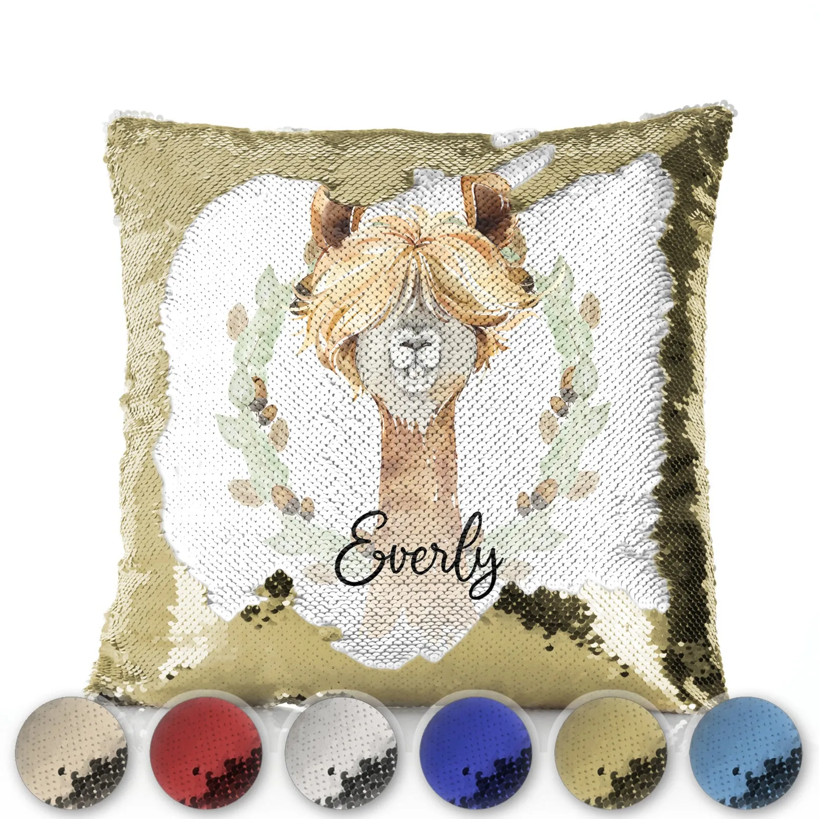 Personalised Sequin Cushion with Brown Alpaca Acorn Wreath and Cute Text
