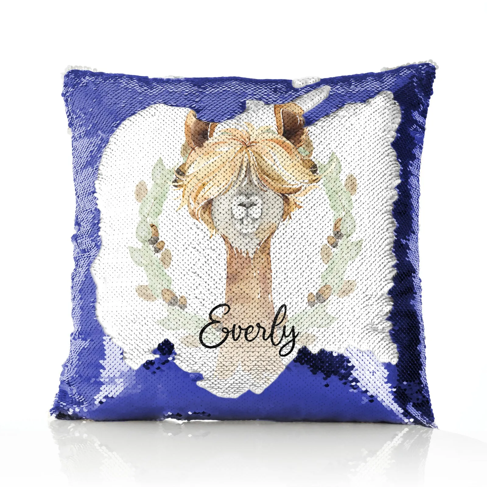 Personalised Sequin Cushion with Brown Alpaca Acorn Wreath and Cute Text