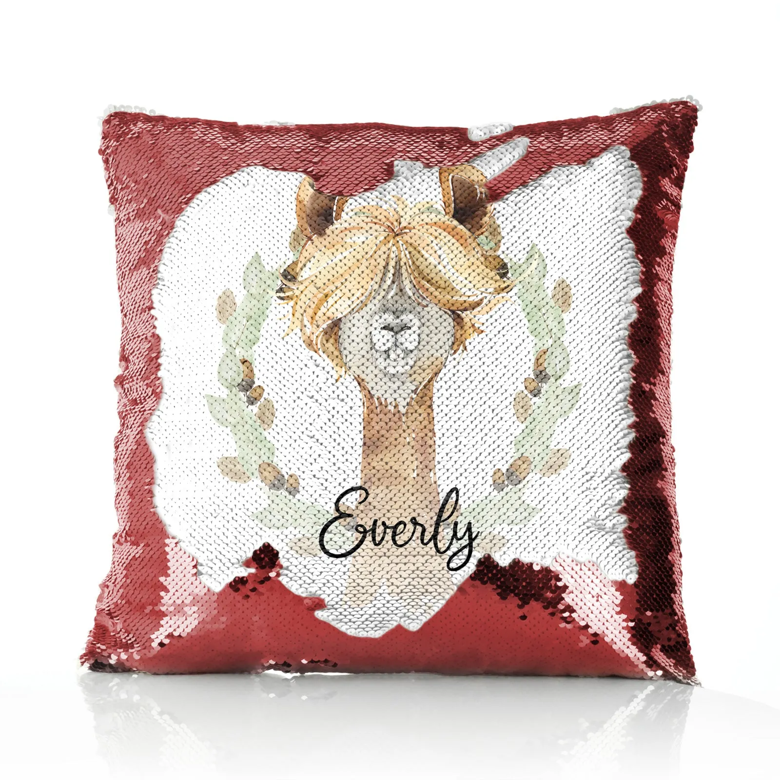 Personalised Sequin Cushion with Brown Alpaca Acorn Wreath and Cute Text