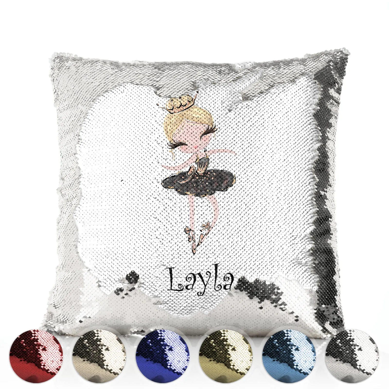 Personalised Sequin Cushion with Cute Text and Blonde Hair Black Dress Tiara Ballerina
