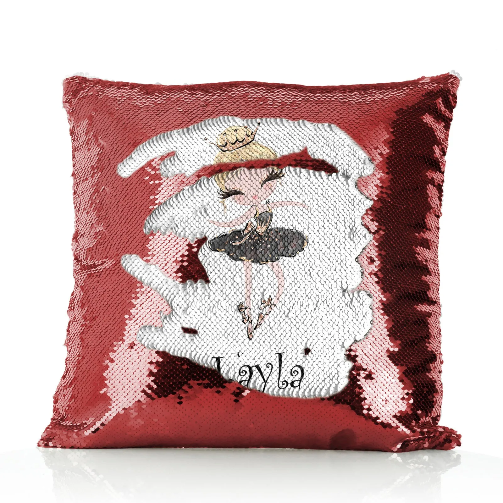 Personalised Sequin Cushion with Cute Text and Blonde Hair Black Dress Tiara Ballerina