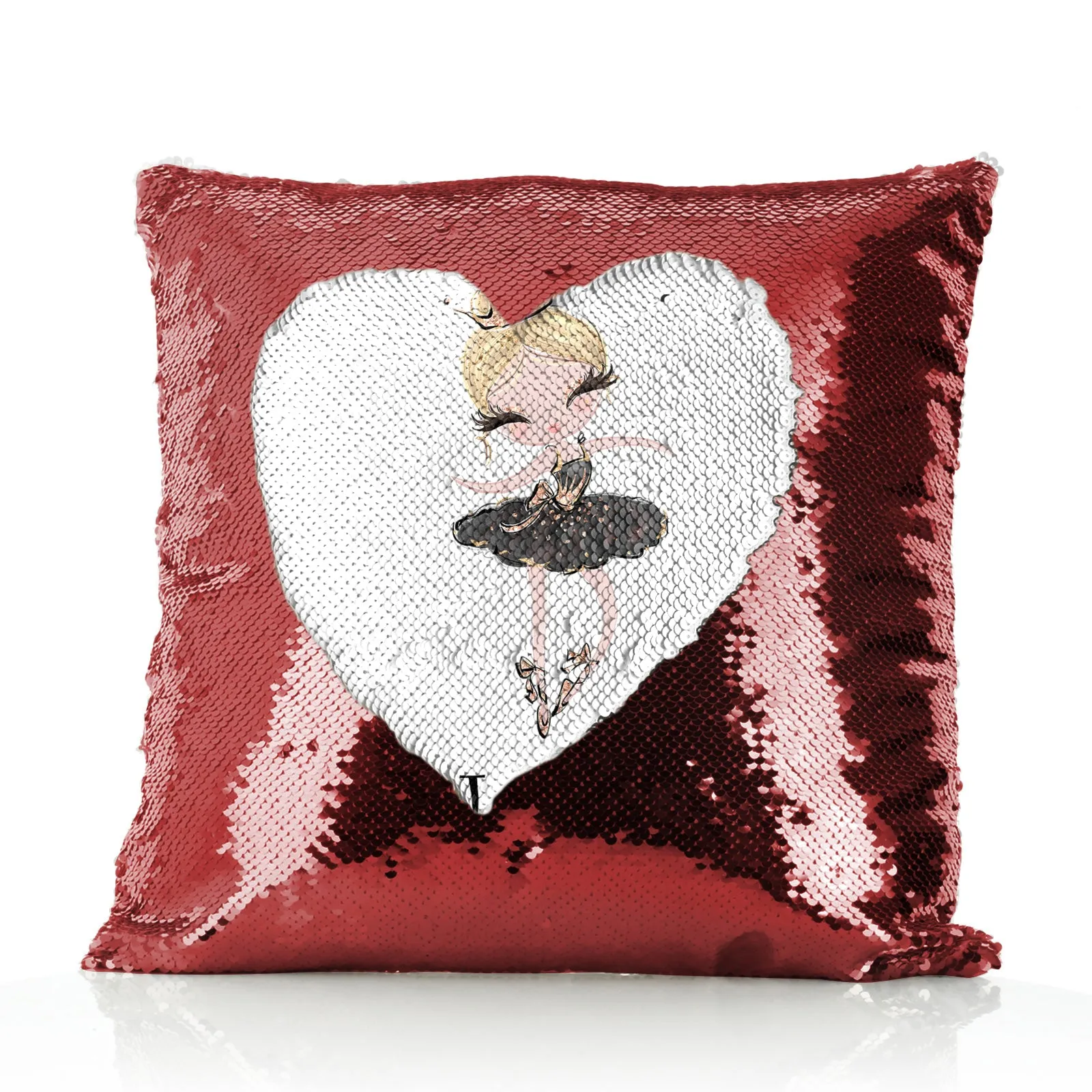 Personalised Sequin Cushion with Cute Text and Blonde Hair Black Dress Tiara Ballerina