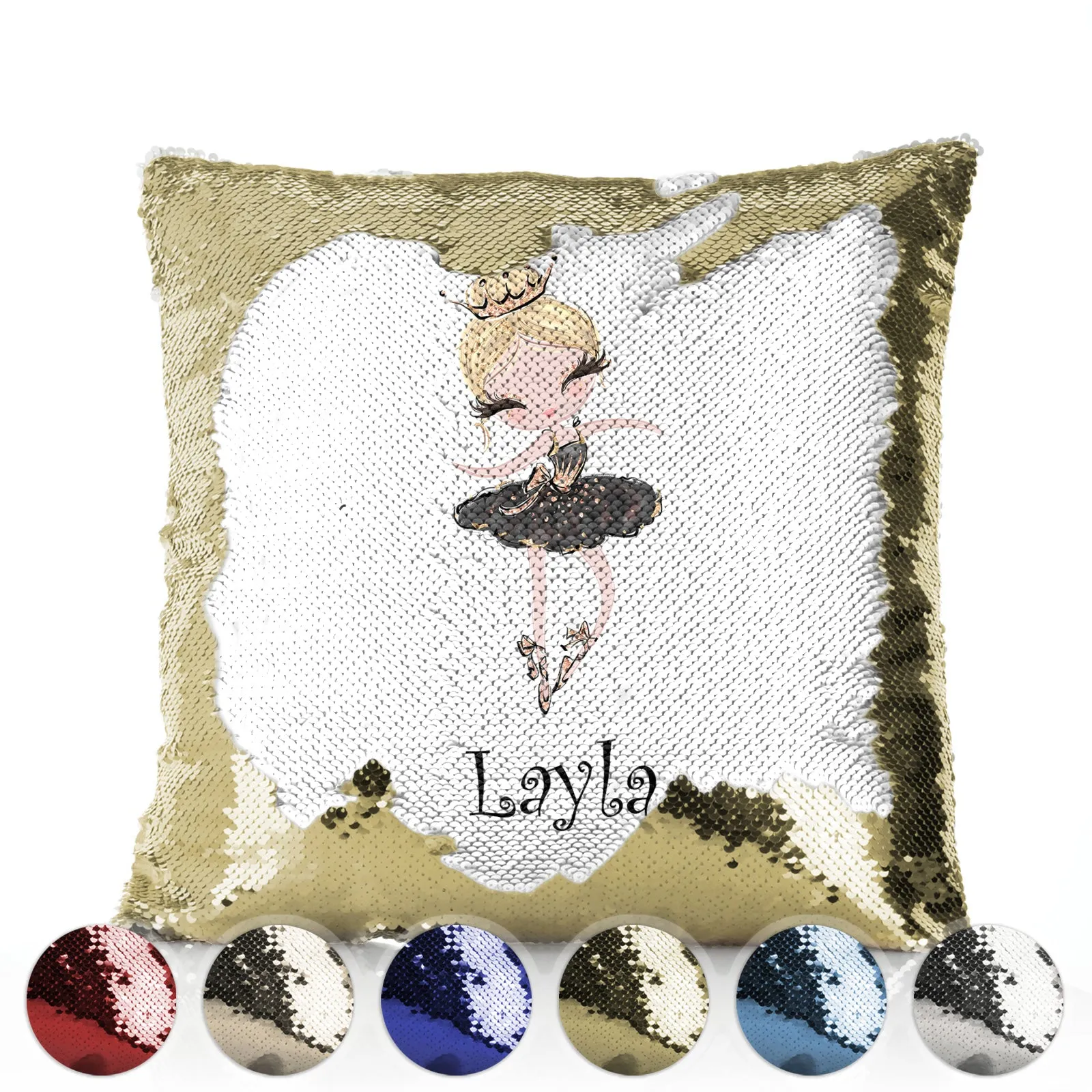 Personalised Sequin Cushion with Cute Text and Blonde Hair Black Dress Tiara Ballerina