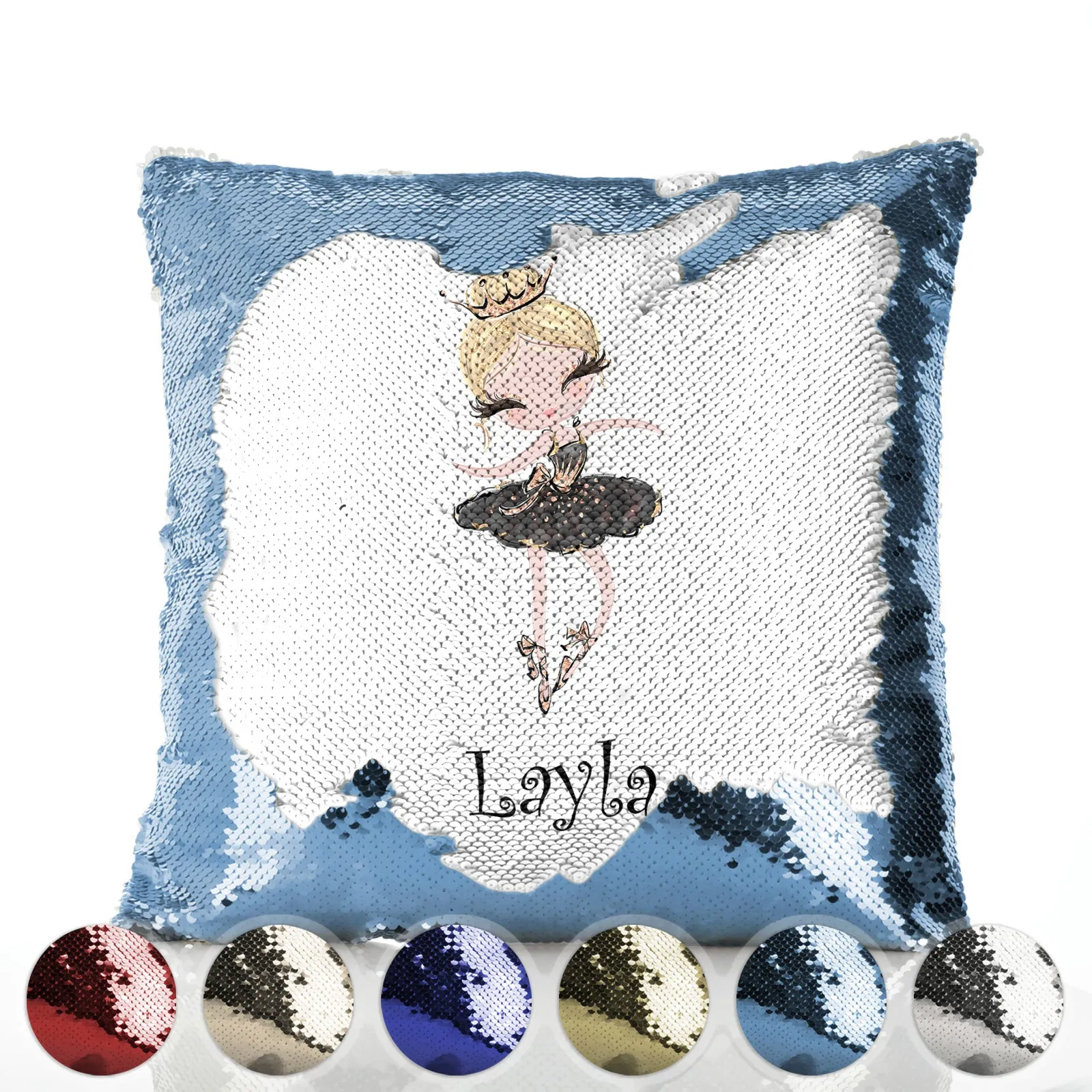 Personalised Sequin Cushion with Cute Text and Blonde Hair Black Dress Tiara Ballerina