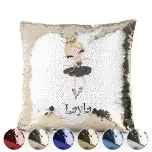 Personalised Sequin Cushion with Cute Text and Blonde Hair Black Dress Tiara Ballerina