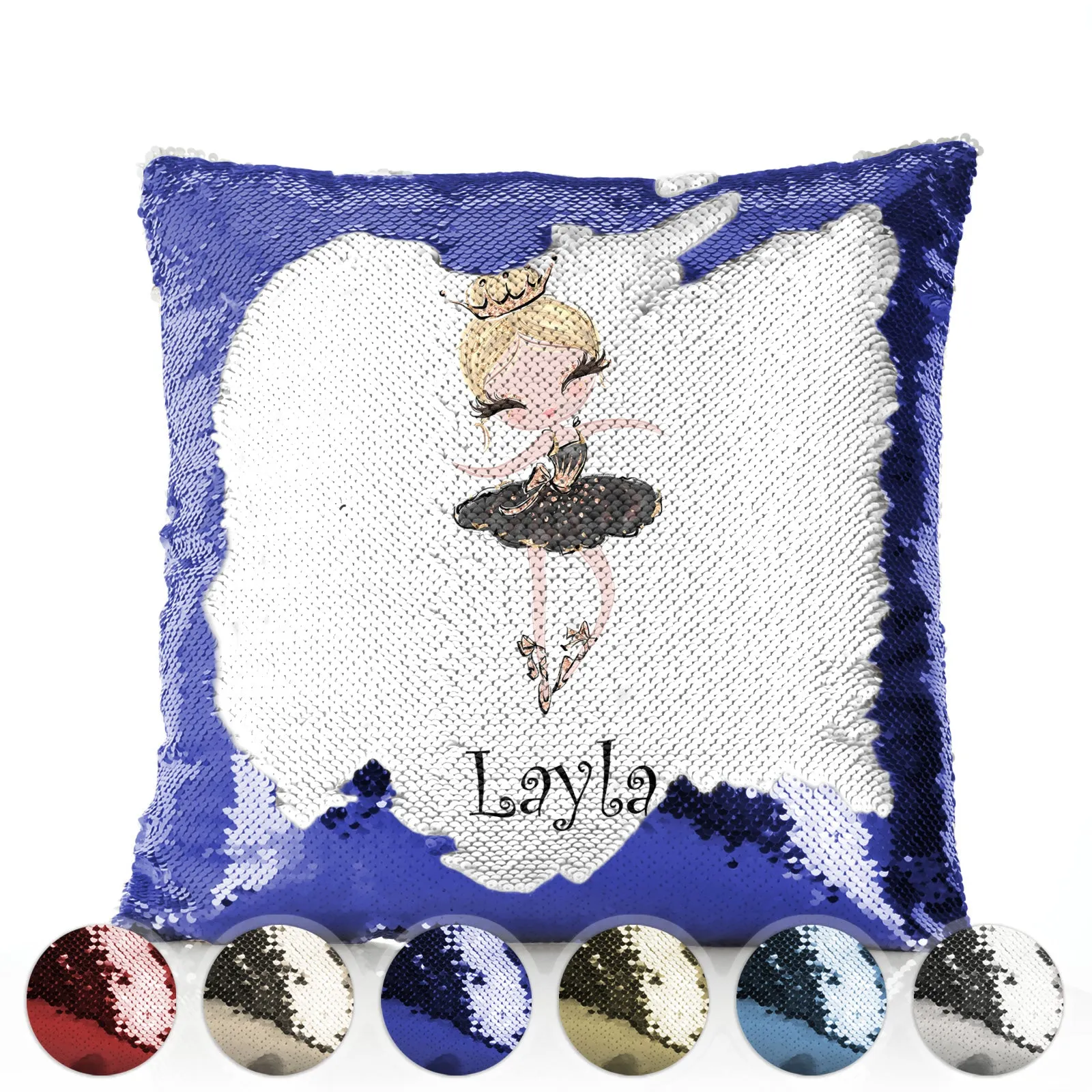 Personalised Sequin Cushion with Cute Text and Blonde Hair Black Dress Tiara Ballerina