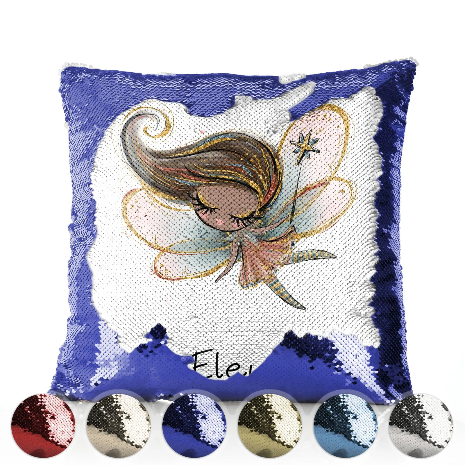Personalised Sequin Cushion with Cute Text and Pink Flower Silver Hair Fairy