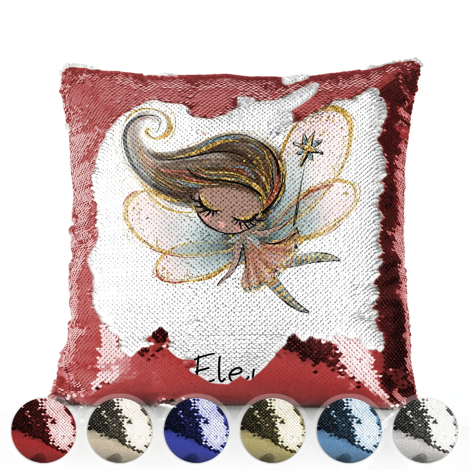 Personalised Sequin Cushion with Cute Text and Pink Flower Silver Hair Fairy