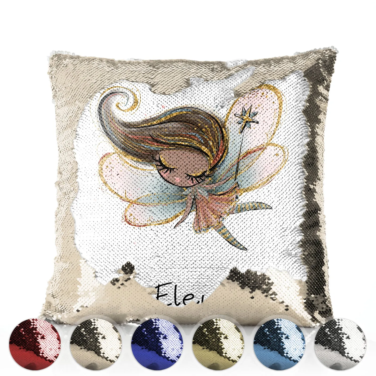 Personalised Sequin Cushion with Cute Text and Pink Flower Silver Hair Fairy