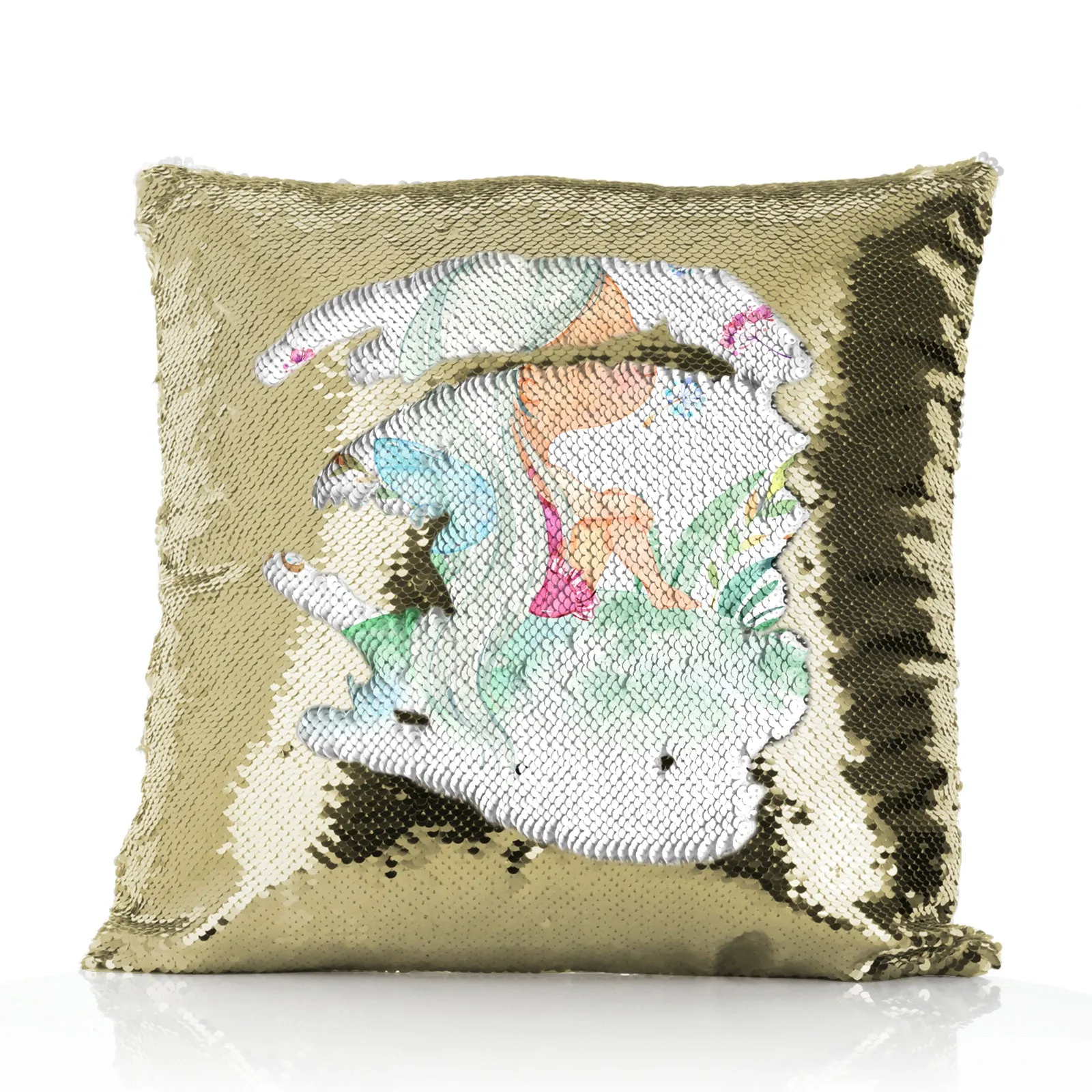 Personalised Sequin Cushion with Cute Text and Pink Flower Silver Hair Fairy