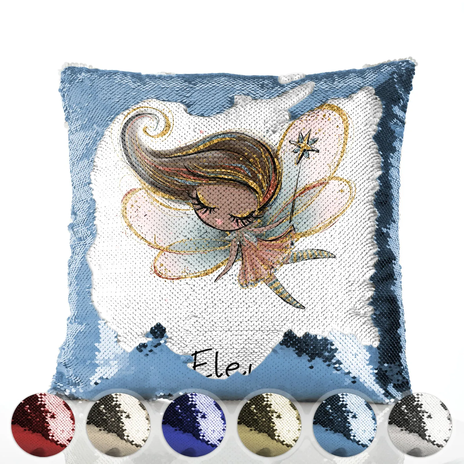 Personalised Sequin Cushion with Cute Text and Pink Flower Silver Hair Fairy