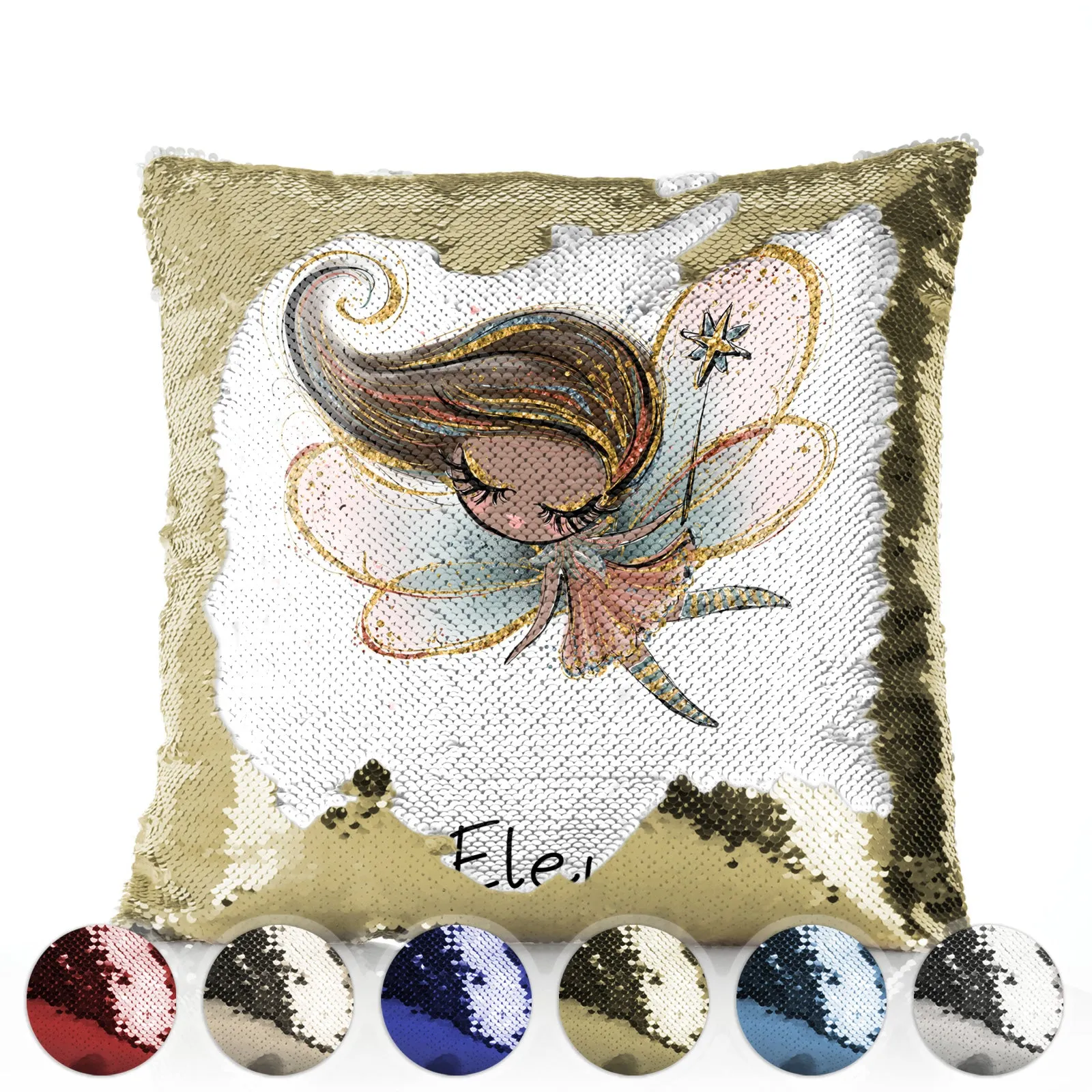 Personalised Sequin Cushion with Cute Text and Pink Flower Silver Hair Fairy