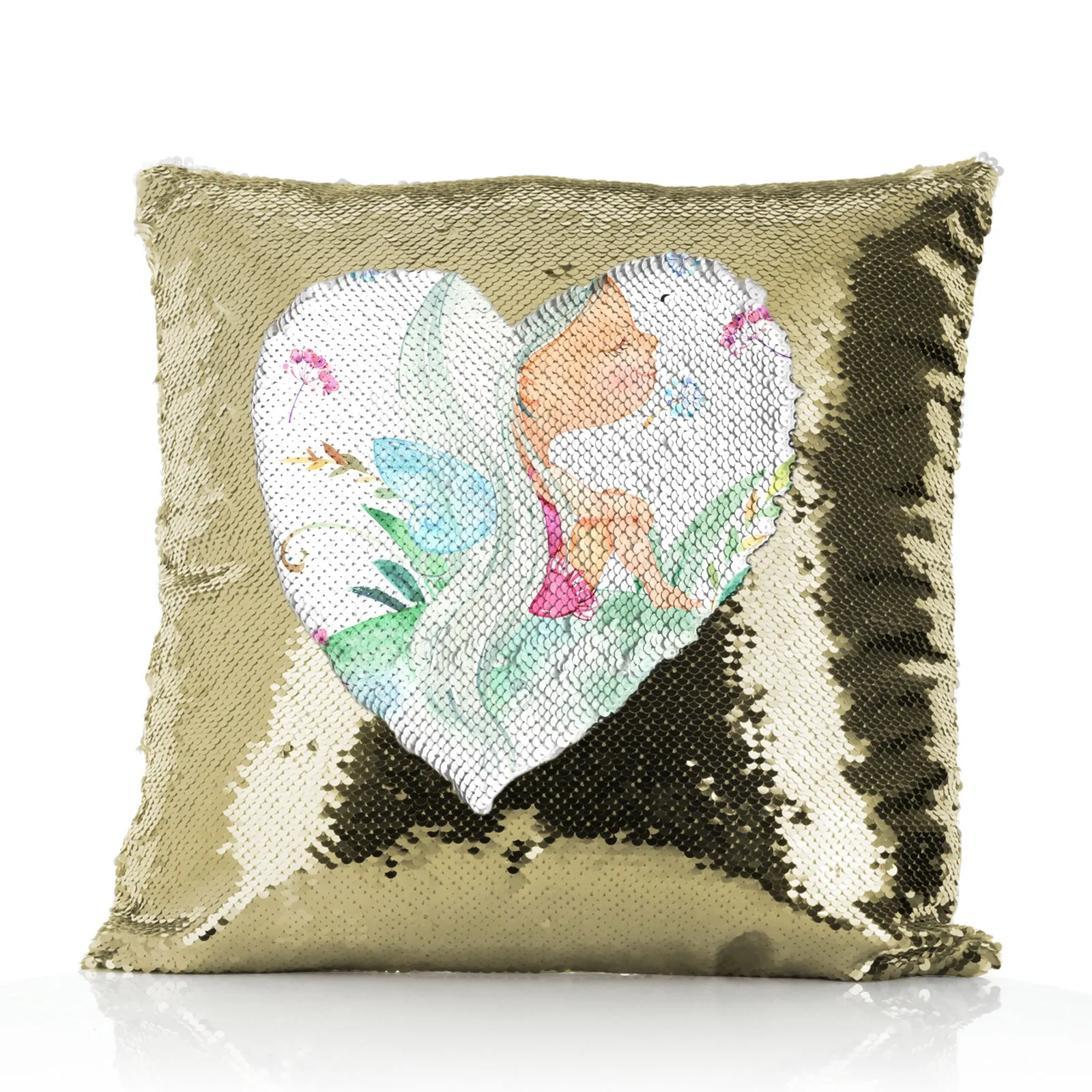 Personalised Sequin Cushion with Cute Text and Pink Flower Silver Hair Fairy