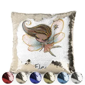 Personalised Sequin Cushion with Cute Text and Pink Flower Silver Hair Fairy