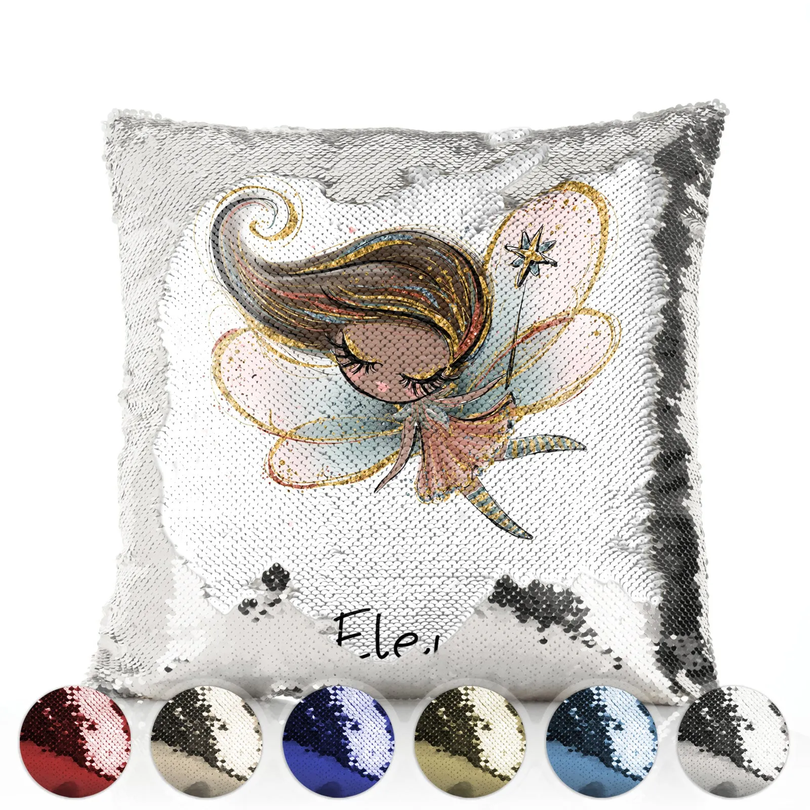 Personalised Sequin Cushion with Cute Text and Pink Flower Silver Hair Fairy