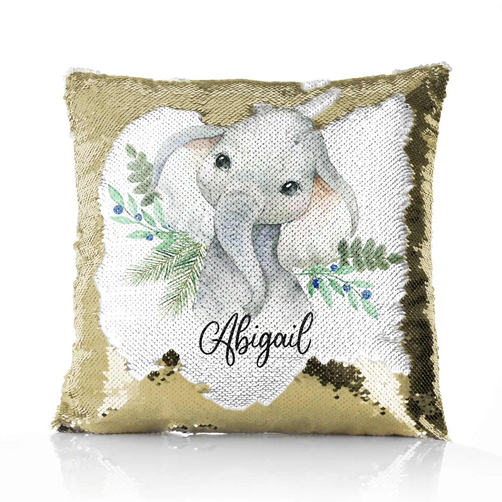 Personalised Sequin Cushion with Elephant Blue Berries and Cute Text