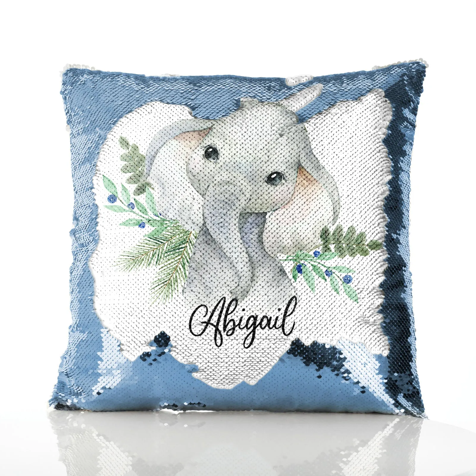 Personalised Sequin Cushion with Elephant Blue Berries and Cute Text