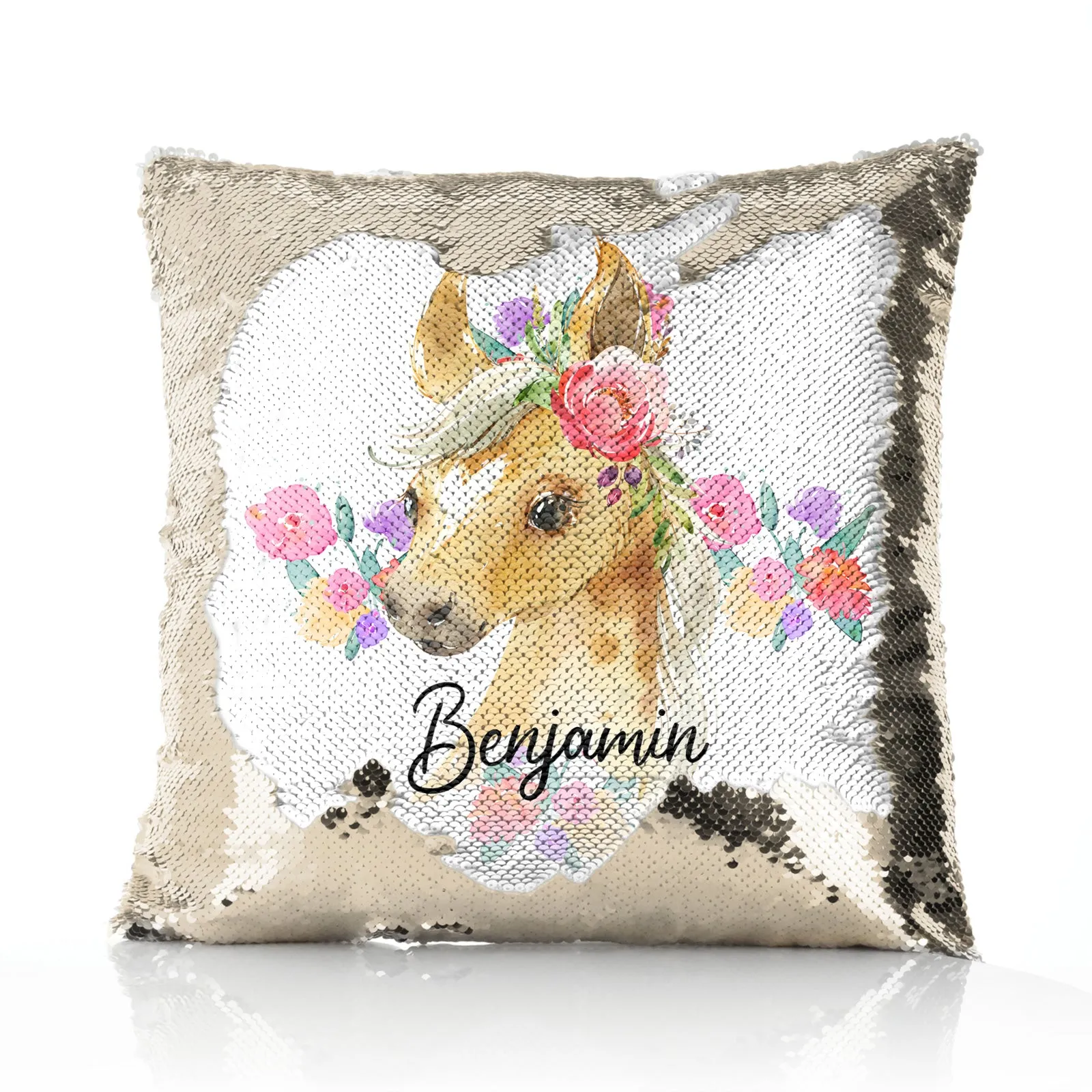 Personalised Sequin Cushion with Palomino Horse Multicolour Flower Print and Cute Text