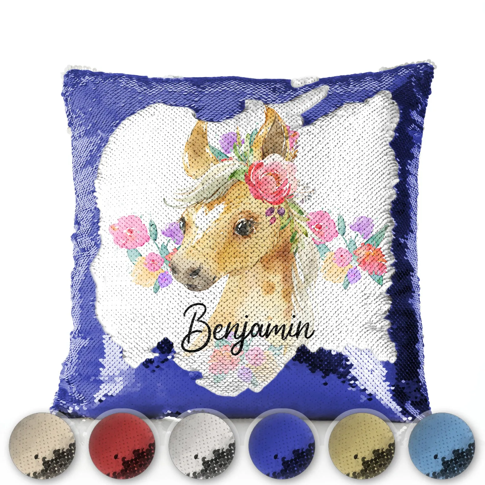 Personalised Sequin Cushion with Palomino Horse Multicolour Flower Print and Cute Text