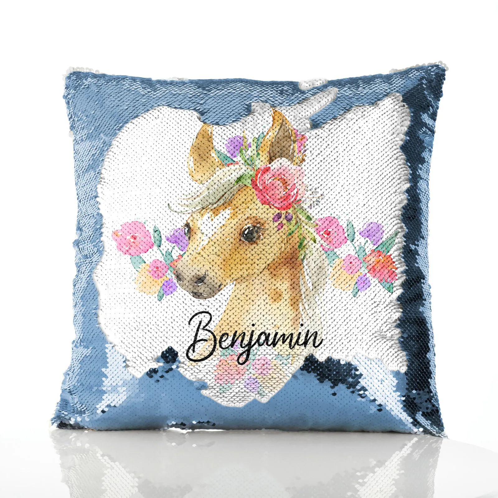 Personalised Sequin Cushion with Palomino Horse Multicolour Flower Print and Cute Text