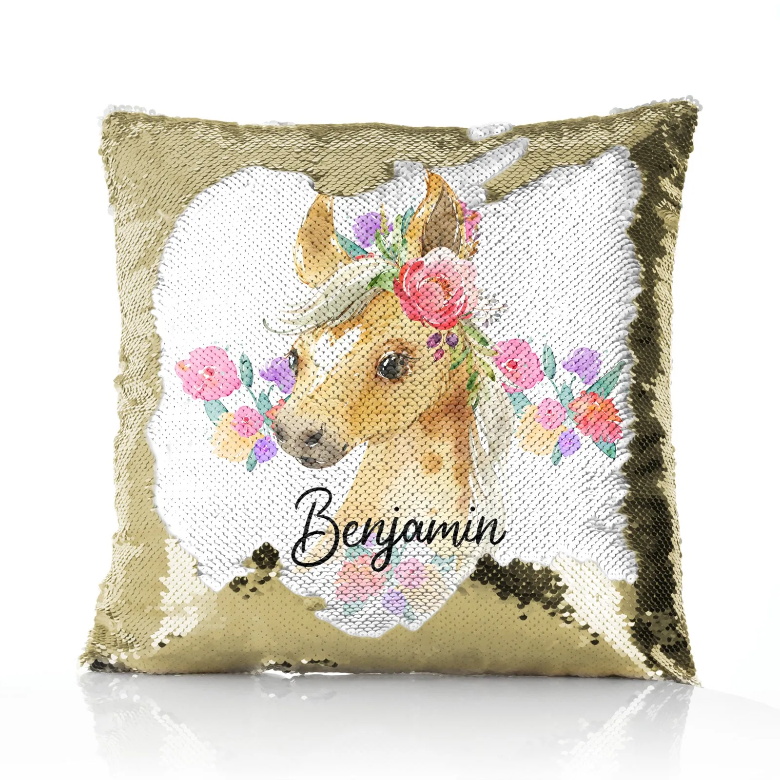 Personalised Sequin Cushion with Palomino Horse Multicolour Flower Print and Cute Text