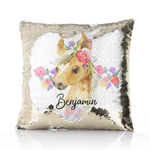 Personalised Sequin Cushion with Palomino Horse Multicolour Flower Print and Cute Text