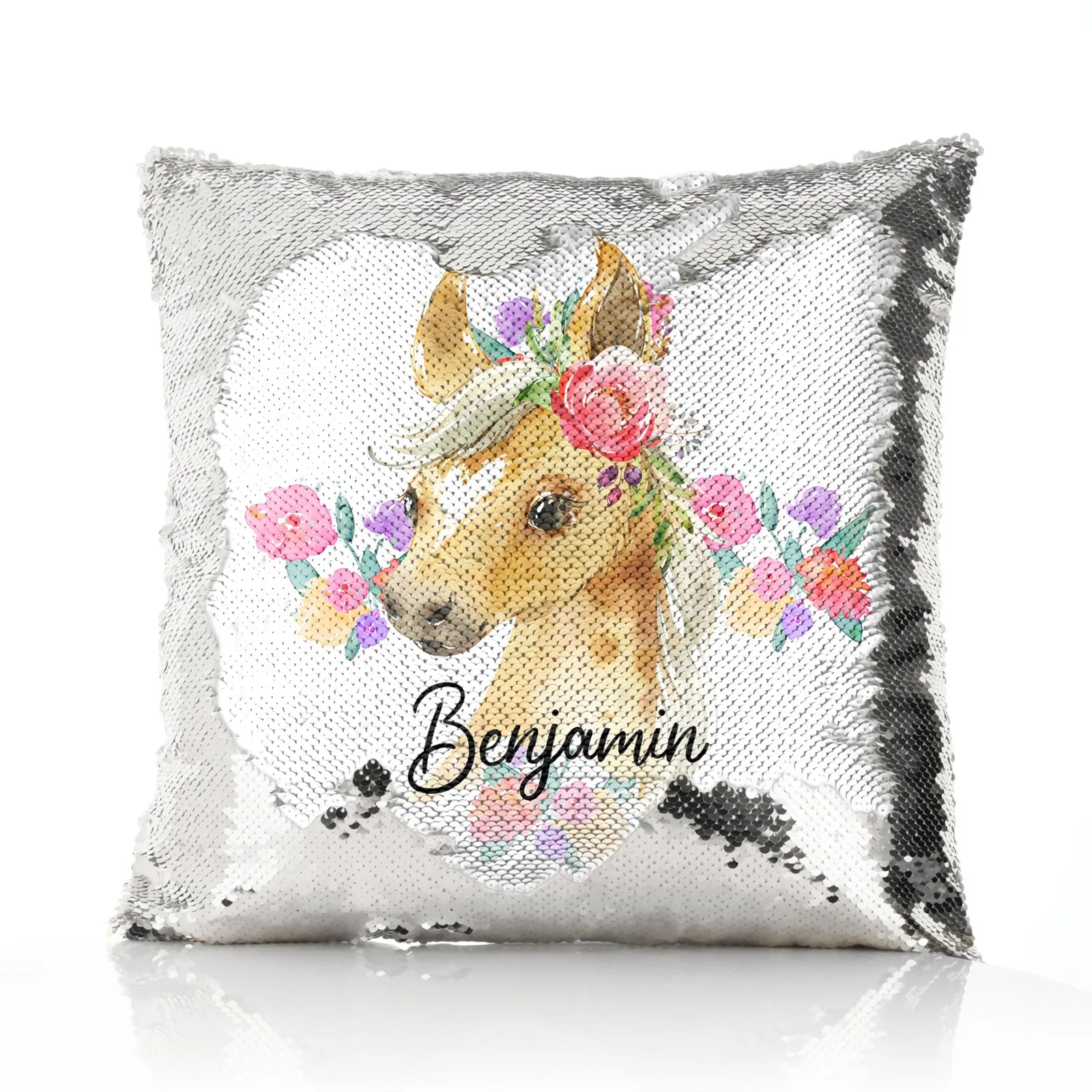 Personalised Sequin Cushion with Palomino Horse Multicolour Flower Print and Cute Text