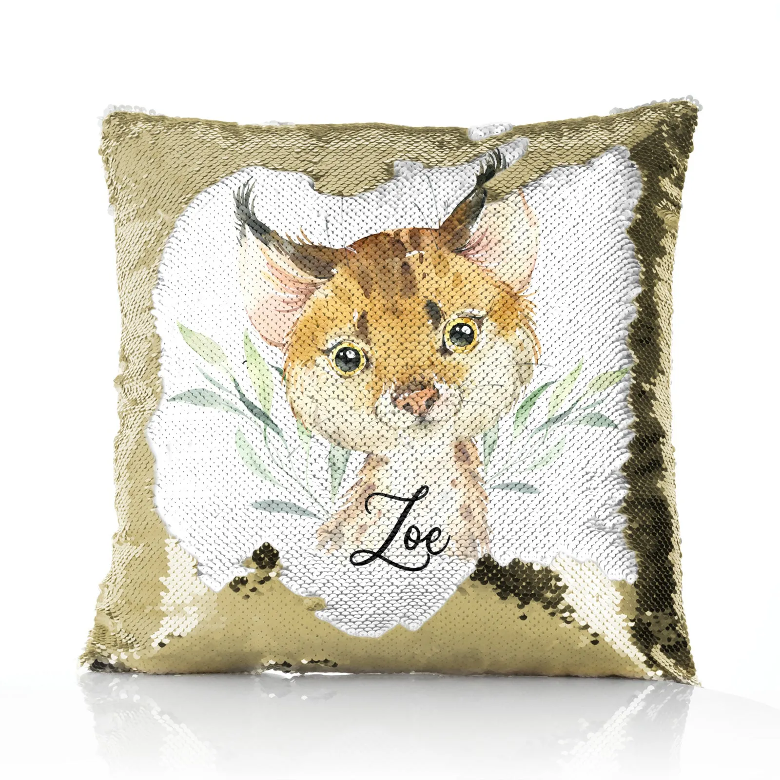 Personalised Sequin Cushion with Spot Cat and Leaves and Cute Text