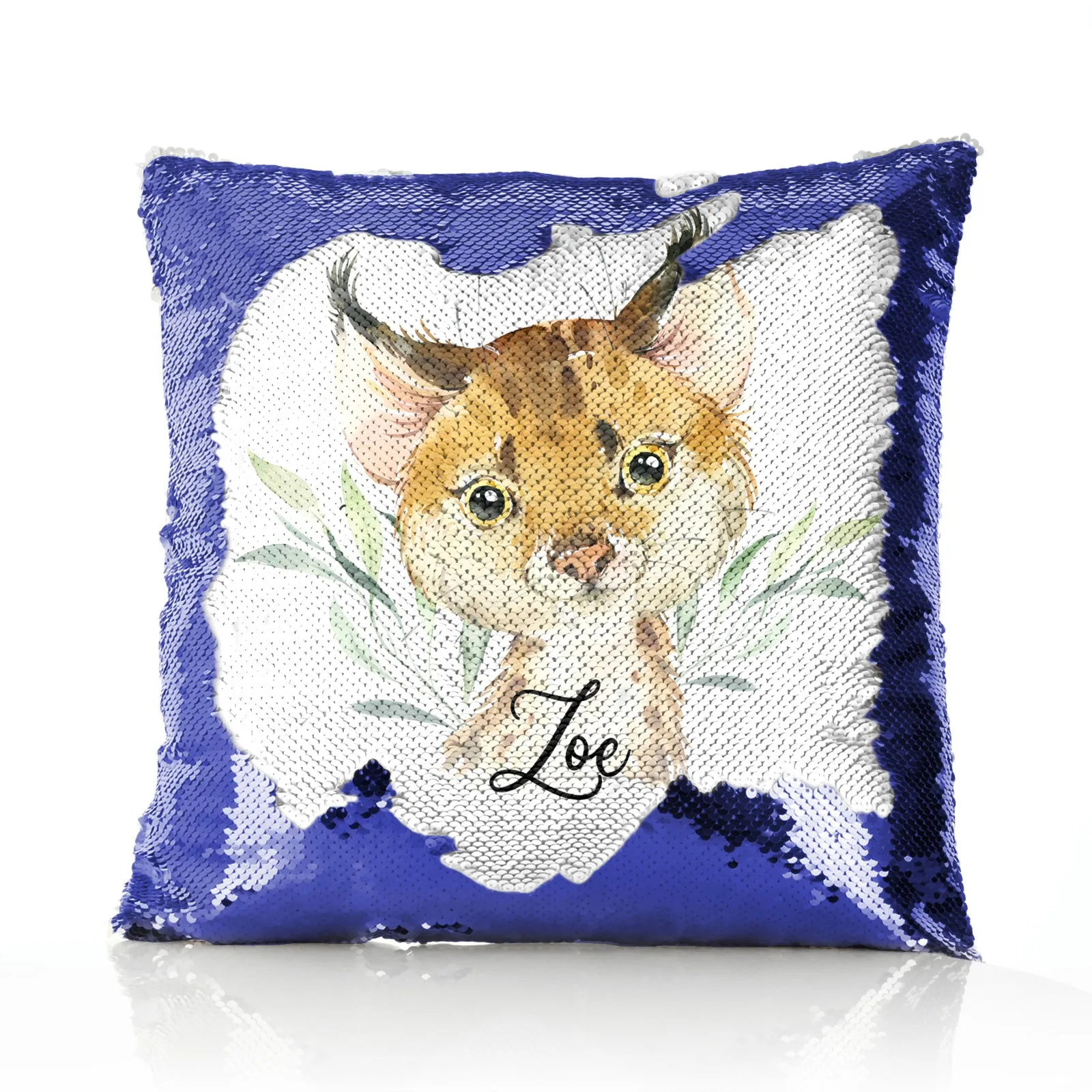 Personalised Sequin Cushion with Spot Cat and Leaves and Cute Text