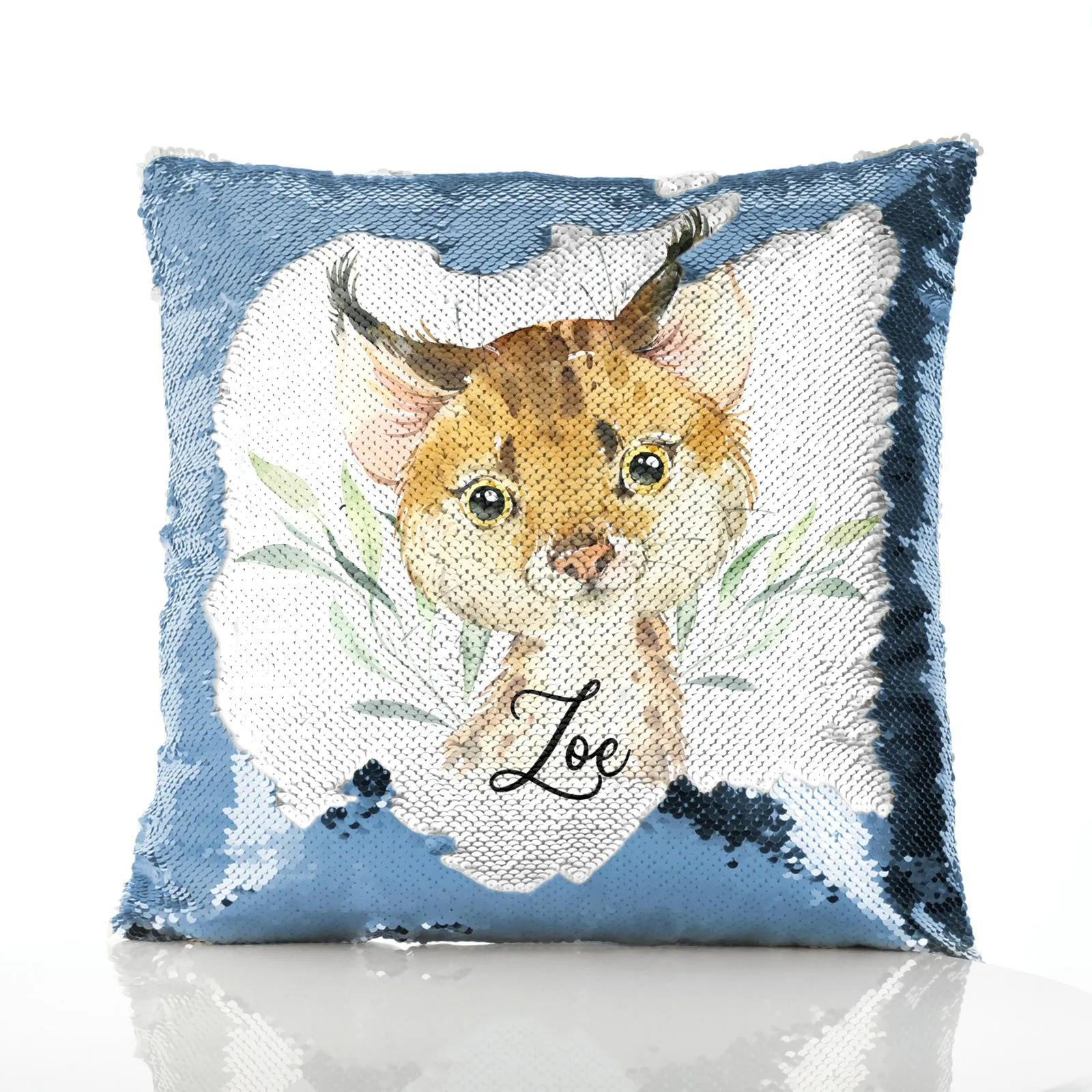 Personalised Sequin Cushion with Spot Cat and Leaves and Cute Text