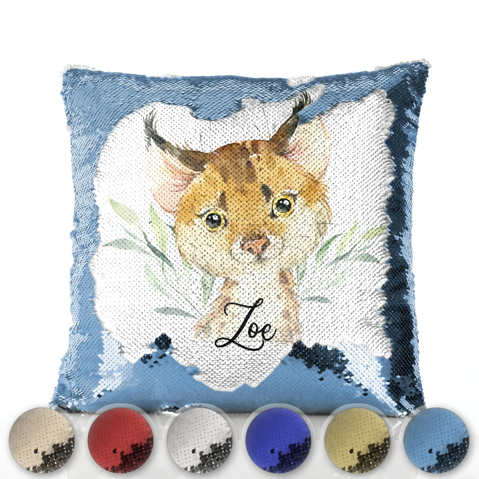 Personalised Sequin Cushion with Spot Cat and Leaves and Cute Text