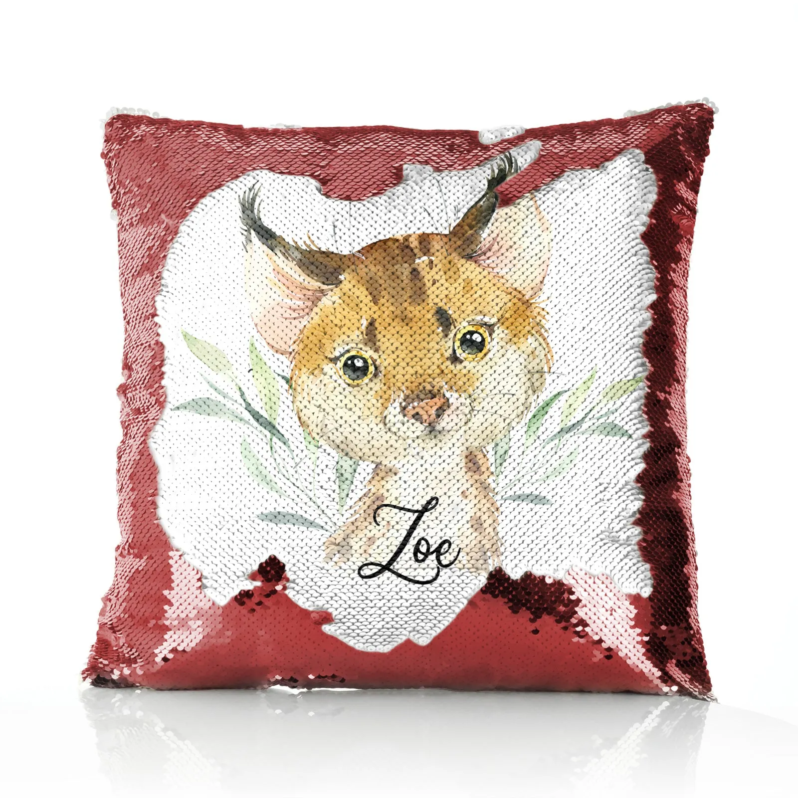 Personalised Sequin Cushion with Spot Cat and Leaves and Cute Text